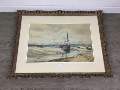 Lot 521 - FISHING BOAT BY THE SHORE, A WATERCOLOUR BY W. DALGLISH