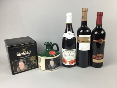 Lot 455 - A LOT OF EIGHT BOTTLES OF WINE AND TWO EMPTY GLENFIDDICH CROCKS