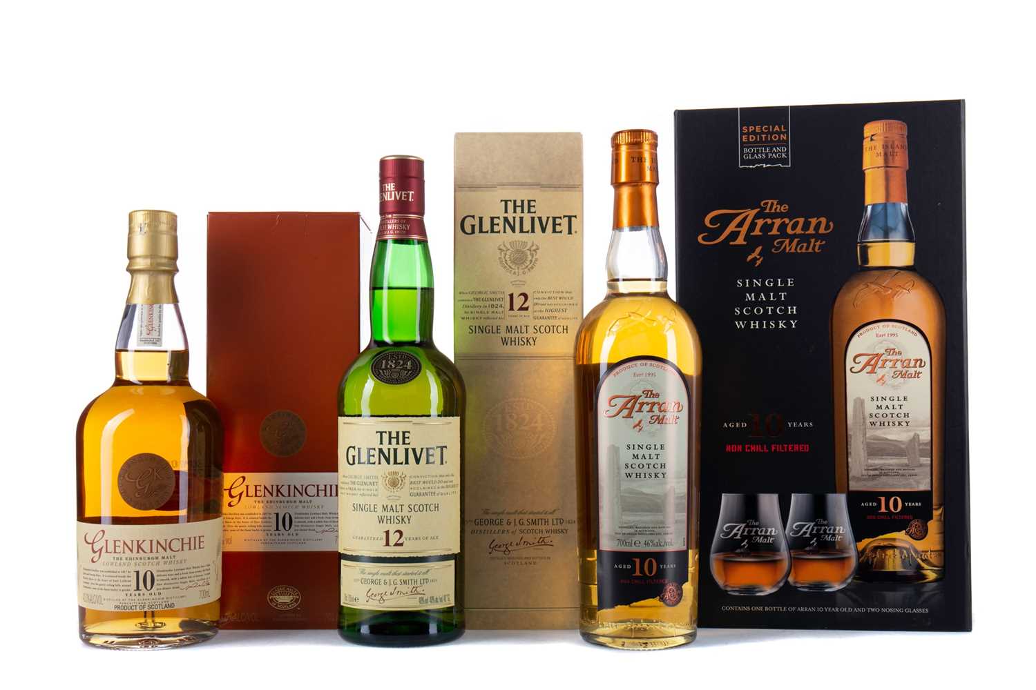 Lot 6 - GLENKINCHIE 10 YEAR OLD, GLENLIVET 12 YEAR OLD AND ARRAN 10 YEAR OLD
