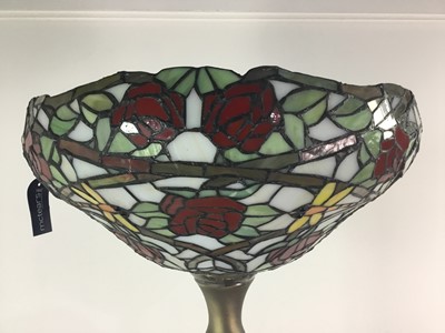Lot 303 - A STANDARD LAMP WITH TIFFANY STYLE LEADED GLASS SHADE