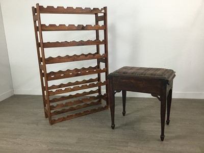 Lot 496 - A MAHOGANY PIANO STOOL AND A STAINED WOOD WINE RACK