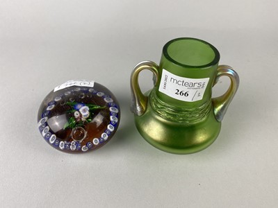 Lot 266 - A GLASS PAPERWEIGHT AND A GREEN GLASS VASE