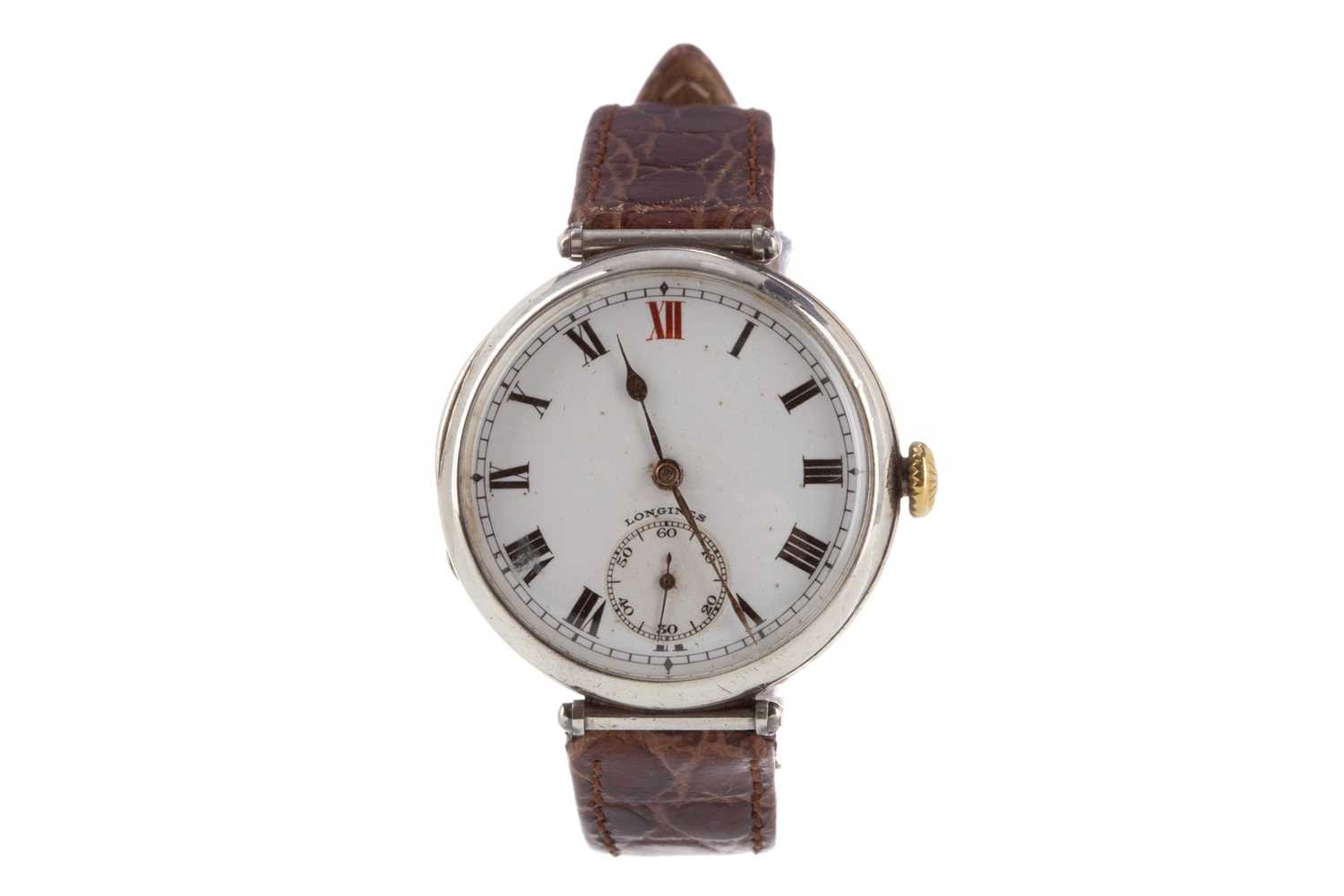 Lot 805 - A LONGINES SILVER CASED TRENCH WATCH