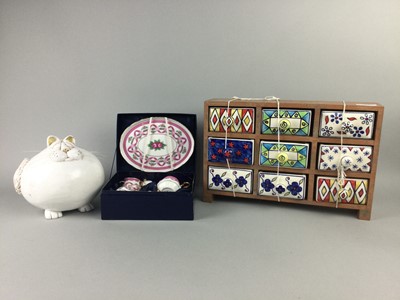 Lot 615 - A HAND PAINTED SPICE RACK, CHILD'S TEA SET AND OTHER ITEMS