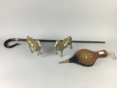 Lot 624 - A PAIR OF BRASS HORSE FIGURES, A PAIR OF BELLOWS AND A WALKING STICK