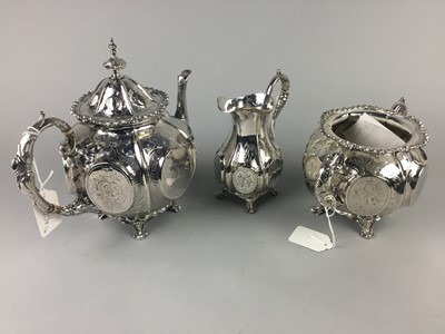 Lot 556 - A SILVER PLATED FOUR PIECE TEA SERVICE ALONG WITH TWO PLATED TEAPOTS