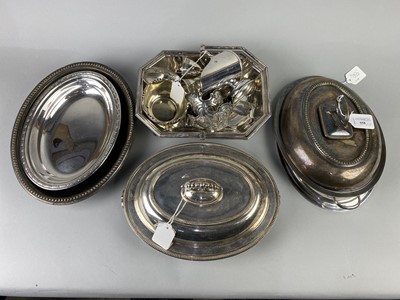 Lot 558 - A LOT OF FOUR SILVER PLATED ENTREE DISHES ALONG WITH OTHER PLATE