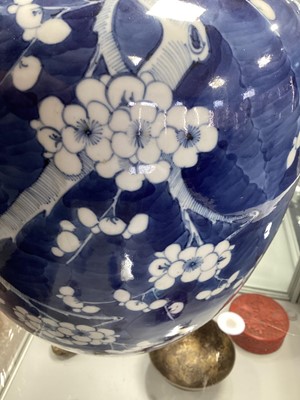 Lot 1063 - A CHINESE BLUE AND WHITE PRUNUS GINGER JAR