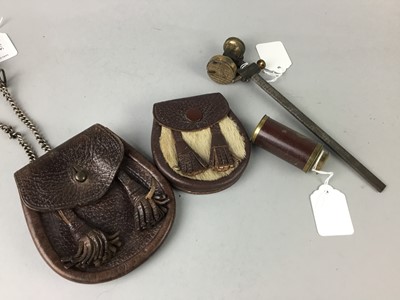 Lot 575 - A LOT OF TWO CHILD SPORRANS, A MINIATURE TELESCOPE AND A METAL RULER