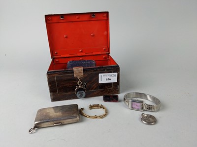 Lot 636 - A SILVER SOVEREIGN/ HALF SOVEREIGN CASE, A NINE CARAT WATCH STRAP, AND OTHER ITEMS