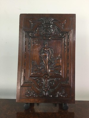 Lot 734 - A 19TH CENTURY RELIEF CARVED MAHOGANY PANEL