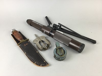 Lot 646 - AN OMIYA TABLETOP TELESCOPE ALONG WITH A COMPASS AND HUNTING KNIFE