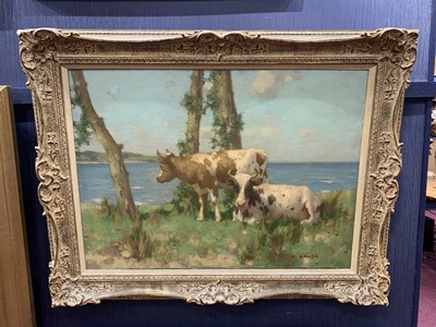 Lot 378 - AYRSHIRE COWS RESTING BY THE SEA, AN OIL BY DAVID GAULD
