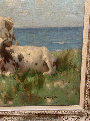 Lot 378 - AYRSHIRE COWS RESTING BY THE SEA, AN OIL BY DAVID GAULD