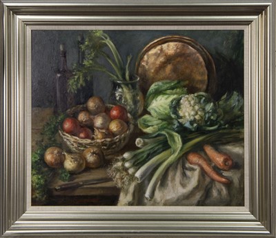 Lot 23 - STILL LIFE WITH VEGETABLES, AN OIL BY ALAN SUTHERLAND