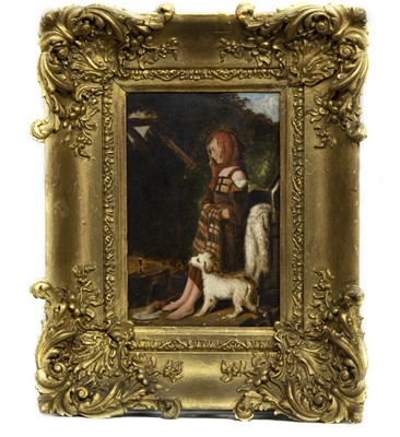 Lot 322 - HIGHLAND LASS WITH A TERRIER, AN OIL ATTRIBUTED TO SIR EDWIN HENRY LANDSEER