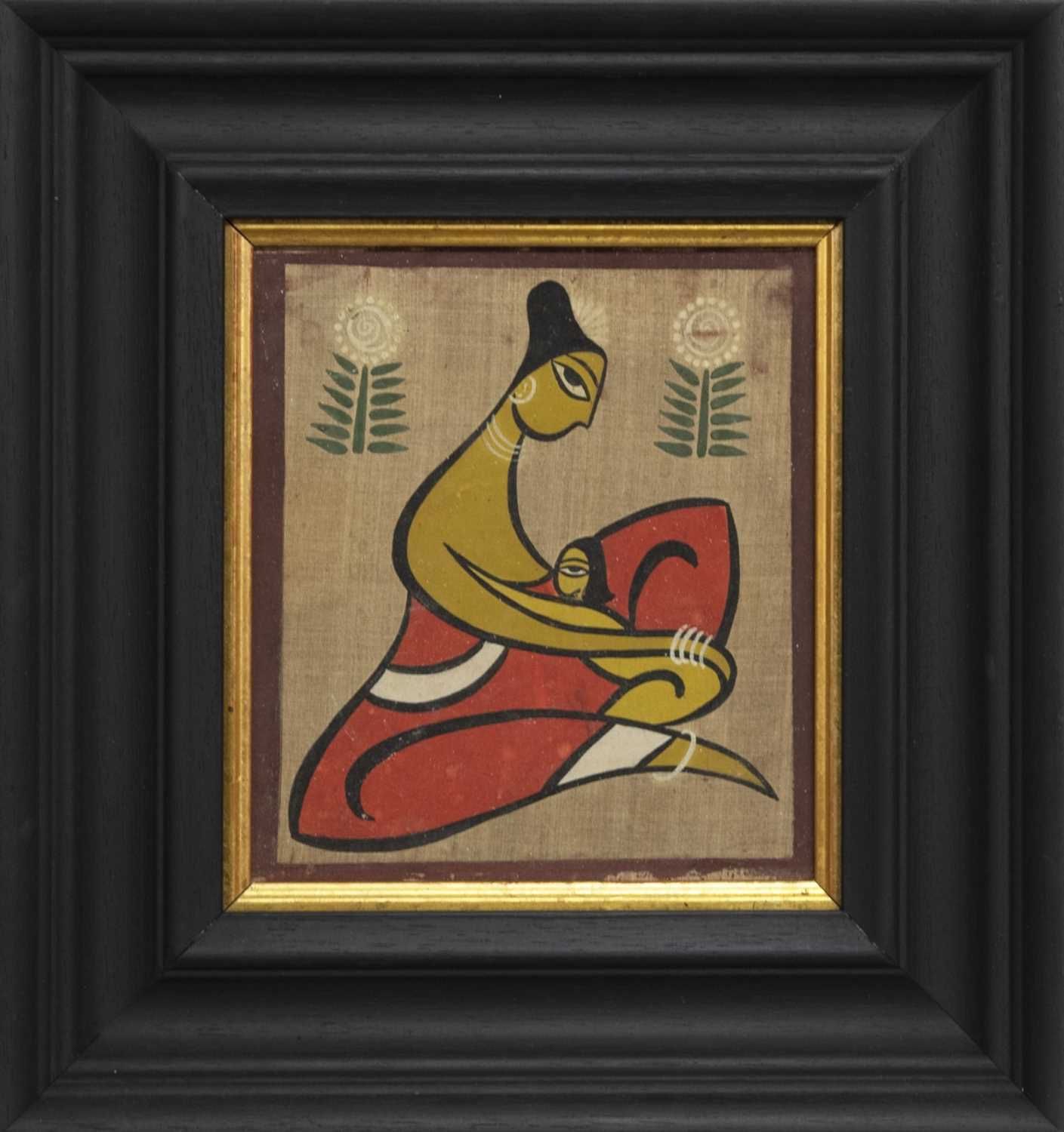 Lot 368 - MOTHER AND CHILD, A TEMPERA ATTRIBUTED TO JAMINI ROY