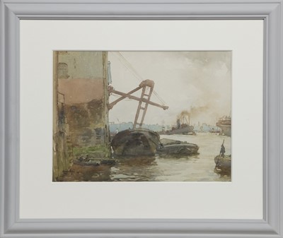 Lot 388 - AT THE DOCKS, A WATERCOLOUR BY DAVID FOGGIE