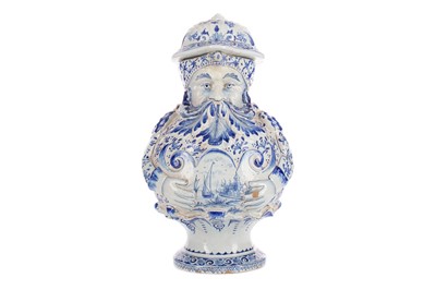 Lot 851 - A LATE 19TH/EARLY 20TH CENTURY DUTCH DELFTWARE FIGURAL JUG