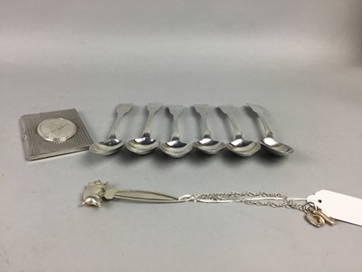 Lot 67 - A SET OF SIX SILVER DESSERT SPOONS ALONG WITH OTHER SILVER AND A CARD CASE