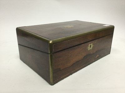 Lot 853 - A VICTORIAN ROSEWOOD AND BRASS BOUND WRITING SLOPE