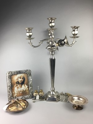 Lot 125 - A LOT OF TWO CHROMED FREE STANDING CANDELABRA, PLATE AND PEWTER