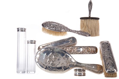 Lot 78 - A SILVER MOUNTED MIRROR AND CLOTHES BRUSH ALONG WITH OTHER SILVER DRESSING TABLE ACCESSORIES