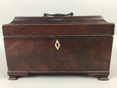 Lot 138 - A 19TH CENTURY MAHOGANY TEA CADDY AND A COLLECTION OF BOTTLE STOPPERS