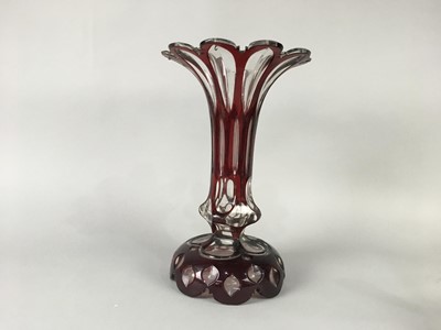 Lot 146 - A RUBY AND CLEAR GLASS CANDLE LUSTRE AND OTHER CRYSTAL AND GLASS WARE