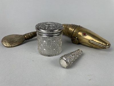 Lot 30 - A SILVER TOPPED DRESSING TABLE JAR, A PARASOL HANDLE AND OTHER HANDLES