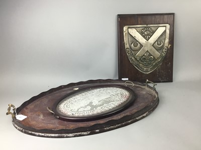 Lot 153 - AN INLAID MAHOGANY OVAL TRAY, ANOTHER TRAY AND A COAT OF ARMS SHIELD