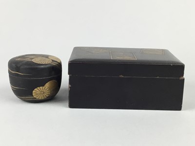 Lot 170 - A JAPANESE LACQUERED RECTANGULAR LIDDED  BOX, ANOTHER BOX AND DISHES