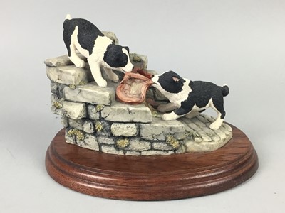 Lot 248 - A BORDER FINE ART 'TUG O' WAR' FIGURE GROUP, A CERAMIC DOG AND TWO SHIPS IN BOTTLES