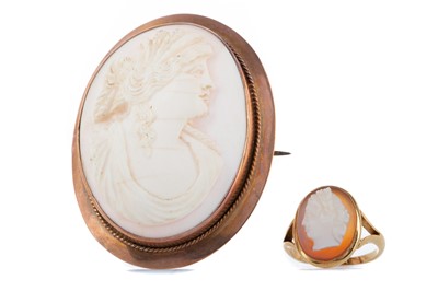 Lot 1220 - A CONCH SHELL CAMEO BROOCH AND A CAMEO RING