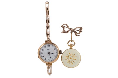 Lot 813 - A LADY'S GOLD CASED WATCH AND A GOLD PLATED FOB WATCH