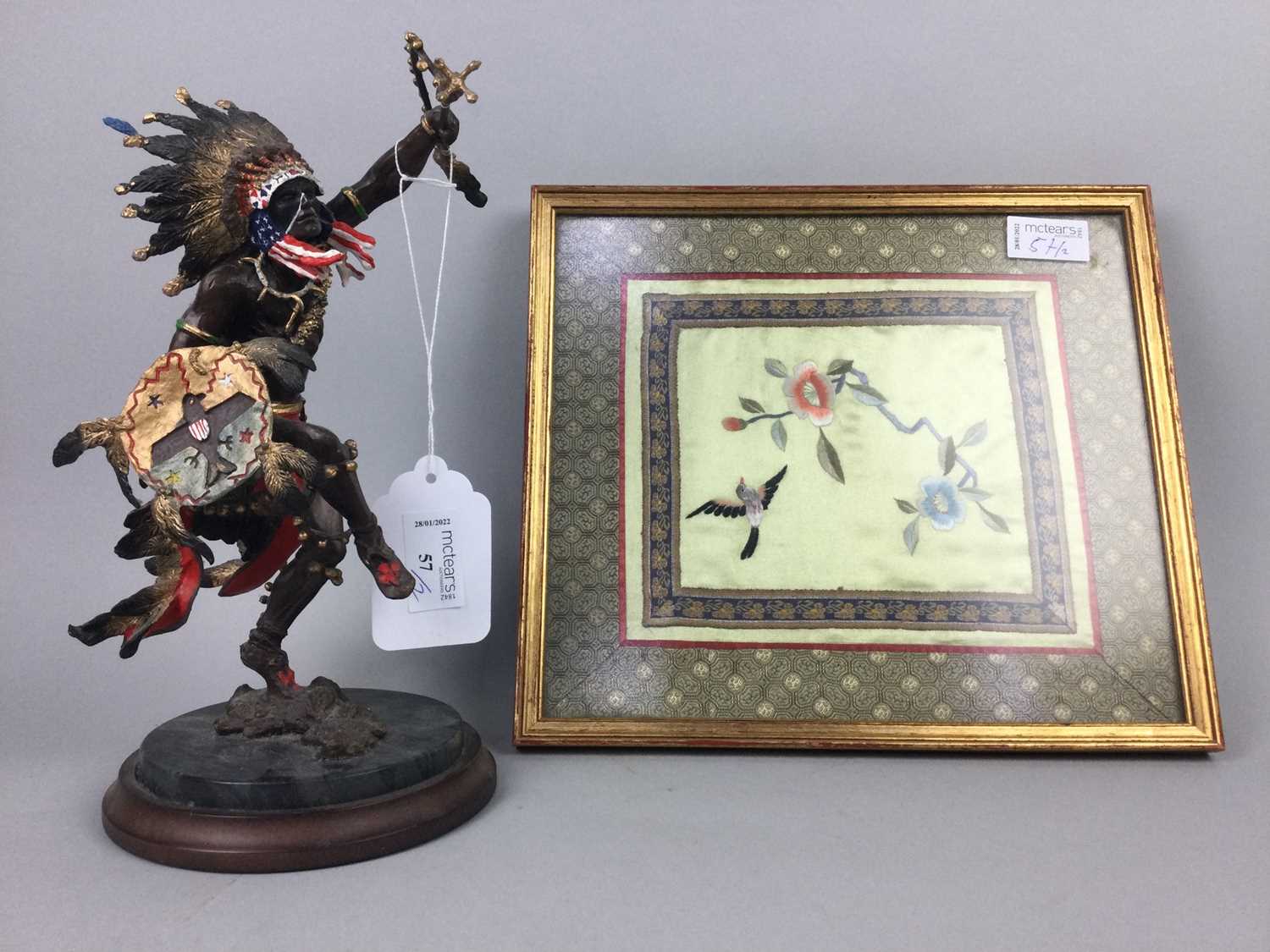 Lot 57 - A BRONZED METAL FIGURE OF A NATIVE AMERICAN, ALONG WITH A CHINESE EMBROIDERY