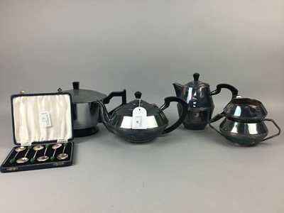 Lot 83 - AN ART DECO SILVER PLATED FOUR PIECE TEA SERVICE AND OTHER PLATED WARE