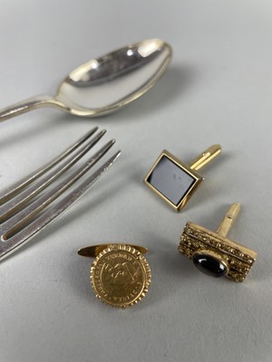 Lot 283 - A LOT OF VARIOUS GENT'S CUFFLINKS, SILVER PLATED FLATWARE AND BINOCULARS