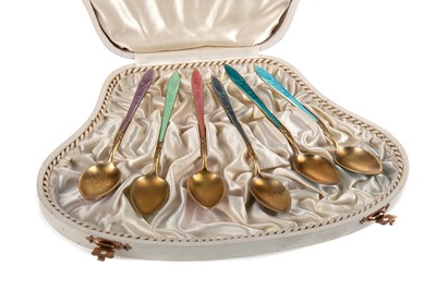Lot 99 - SET OF SIX NORWEGIAN SILVER GILT AND ENAMEL COFFEE SPOONS