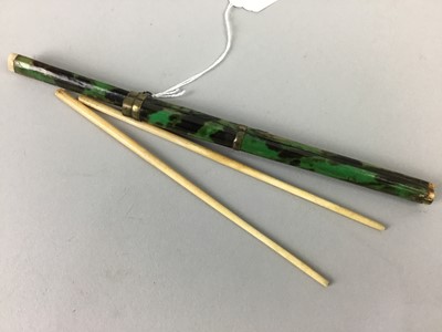 Lot 175 - AN EARLY 20TH CENTURY CHINESE KNIFE AND CHOPSTICKS SET AND TWO SILK PANELS