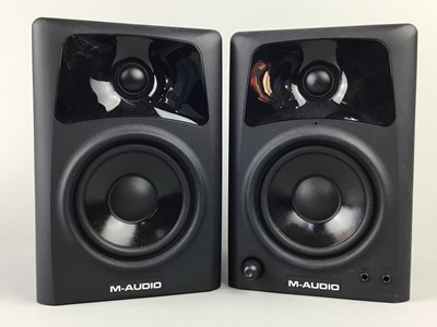 Lot 236 - A SET OF M-AUDIO AV42 SPEAKERS AND A MUSIC STAND