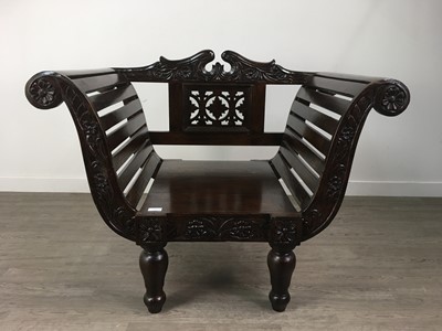 Lot 760A - A STAINED HARDWOOD BENCH AND CHAIR