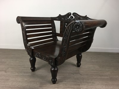 Lot 760 - A STAINED HARDWOOD BENCH AND CHAIR