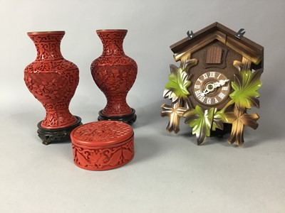 Lot 337 - A PAIR OF CHINESE CINNIBAR LACQUER VASES AND OTHER ITEMS