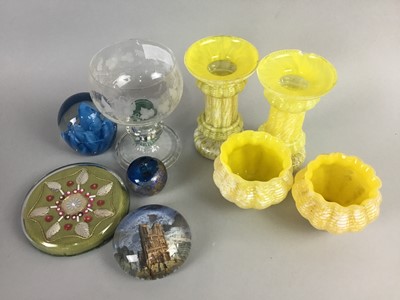 Lot 356 - A PAIR OF MARBLED LEMON GLASS COLUMN VASES AND OTHERS