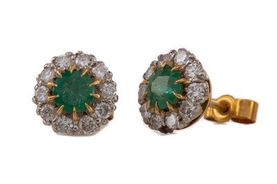 Lot 451 - A PAIR OF EMERALD AND DIAMOND EARRINGS