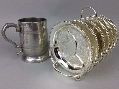 Lot 397 - A LOT OF SILVER PLATED WARE INCLUDING A CIRCULAR TRAY AND TANKARDS