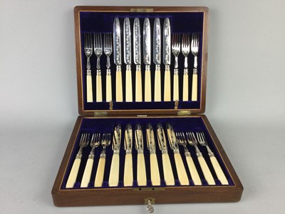 Lot 378 - A SET OF TWELVE DESSERT KNIVES AND FORKS AND PLATED CUTLERY