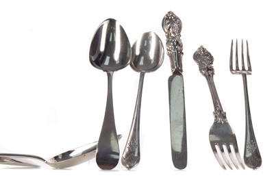 Lot 109 - THREE LATE GEORGE III DESSERT SPOONS AND OTHER SILVER FLATWARE