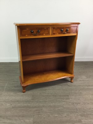 Lot 433 - A REPRODUCTION YEW WOOD OPEN BOOKCASE